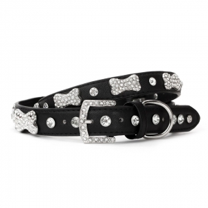 VP Pets Designer Diamond and Bone Leatherette Collar - SM - Black